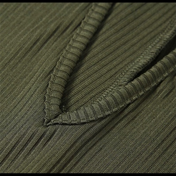 Olive colored Deep V rib knit sleeveless jumpsuit - Picture 7 of 9